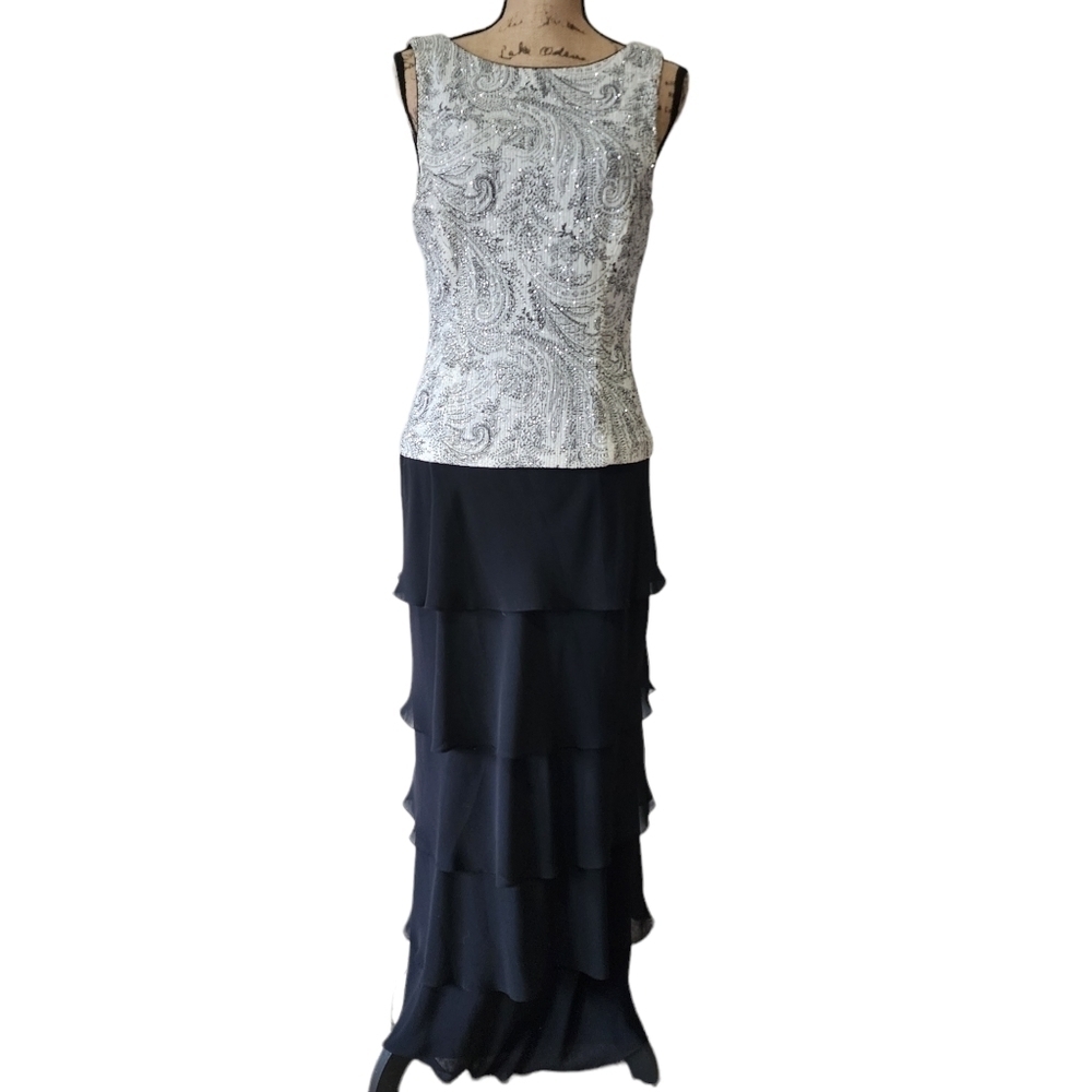 Patra Long Layered Skirt Evening Metallic Bodice Gown - S (see details)